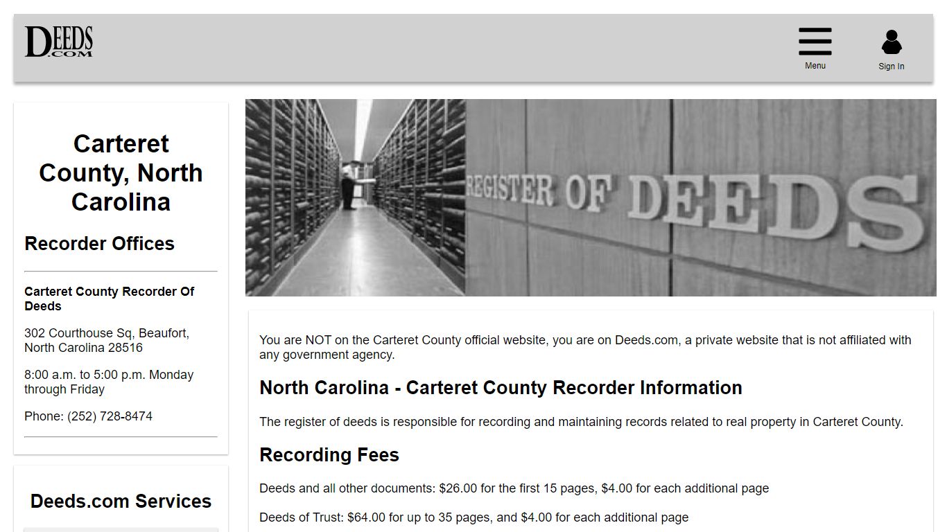 Carteret County Recorder Information North Carolina - Deeds.com
