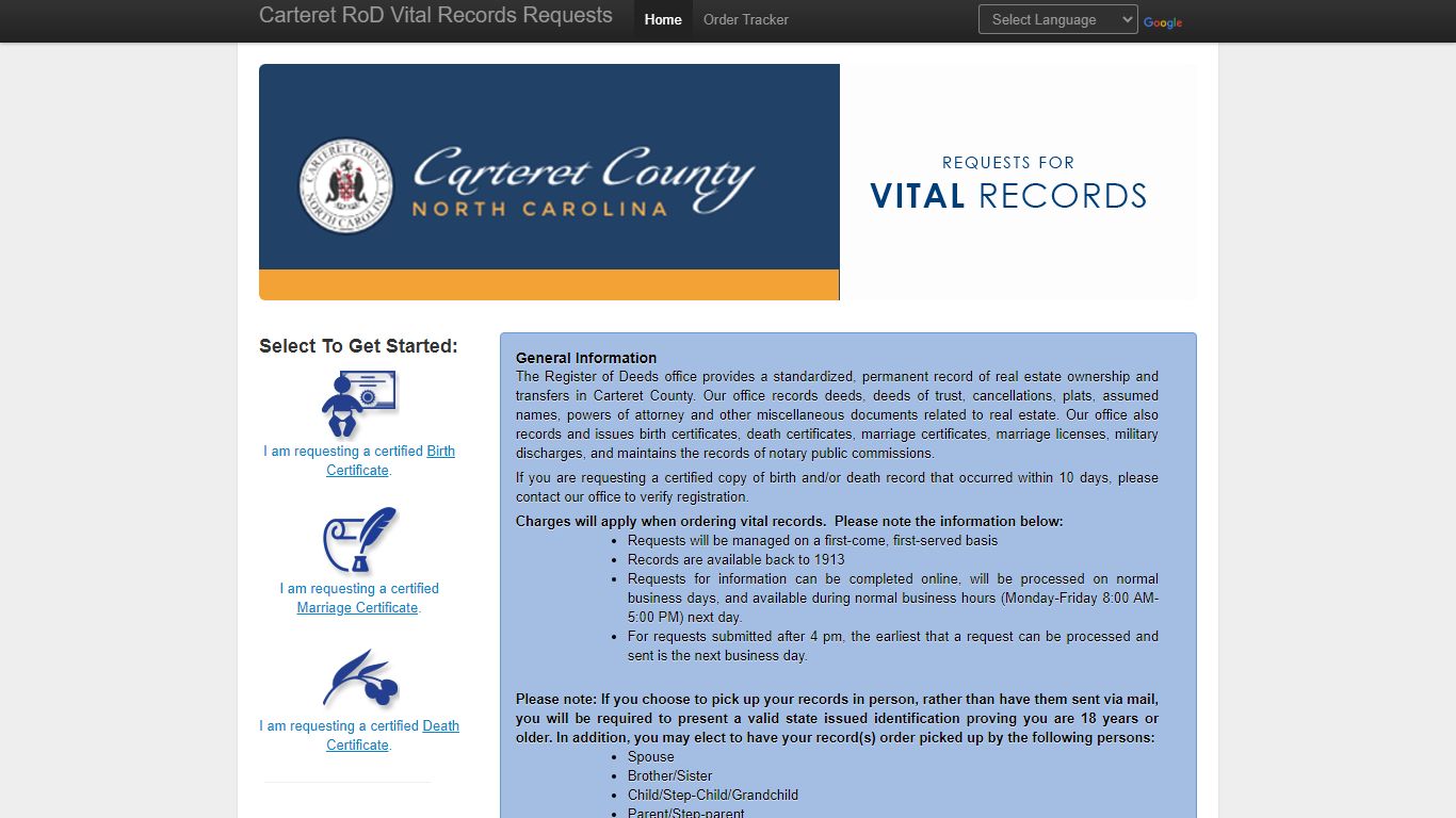 Carteret County Register of Deeds Vital Records Request